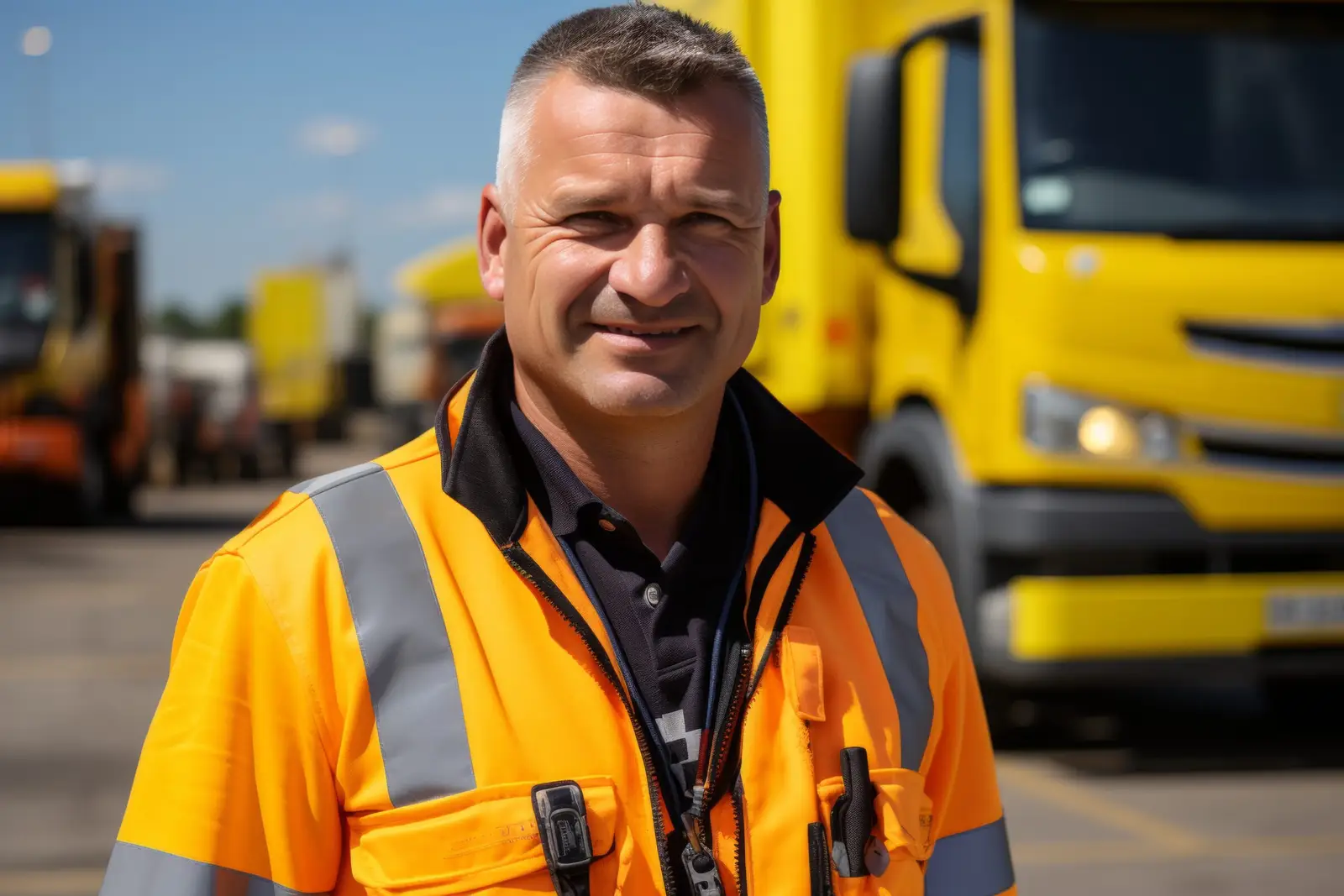 Lkw-Fahrer in Warnjacke vor seinem Fahrzeug