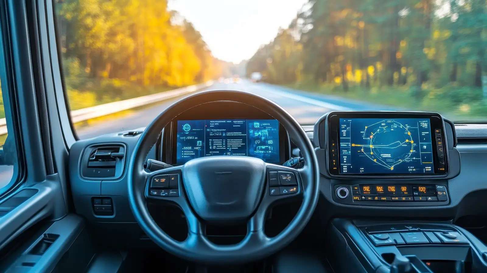 Lkw-Cockpit mit Displays und Assistenzsystemen