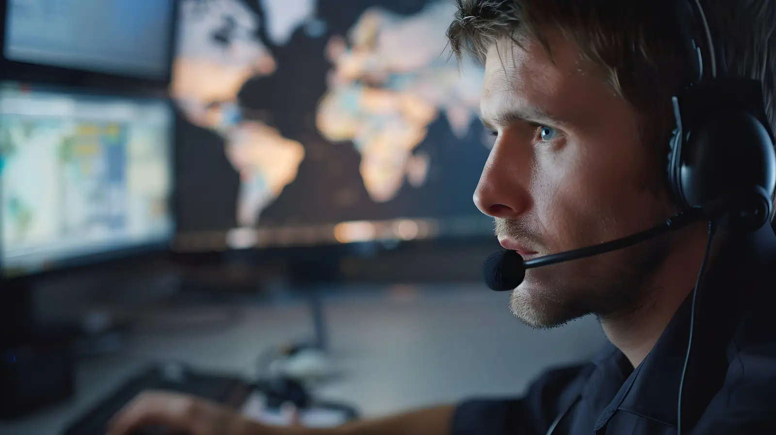 Disponent mit Headset vor einer Weltkarte