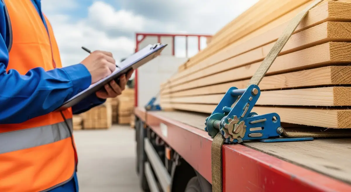 Kontrolle einer gesicherten Holzladung mit Klemmbrett