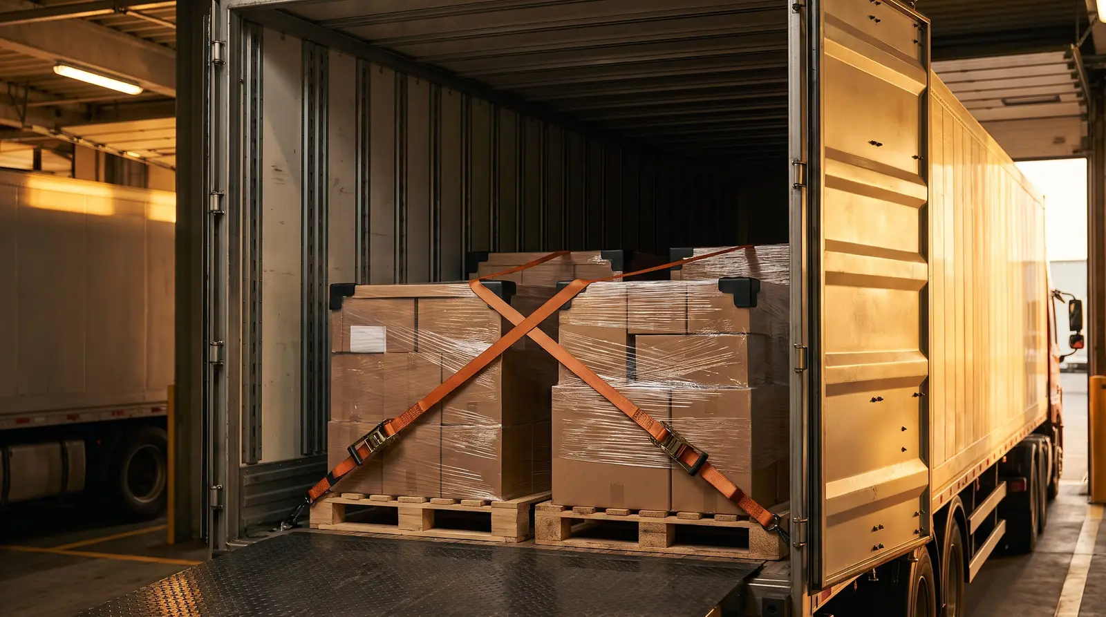 Palettenware im Lkw-Aufbau mit Spanngurten gesichert