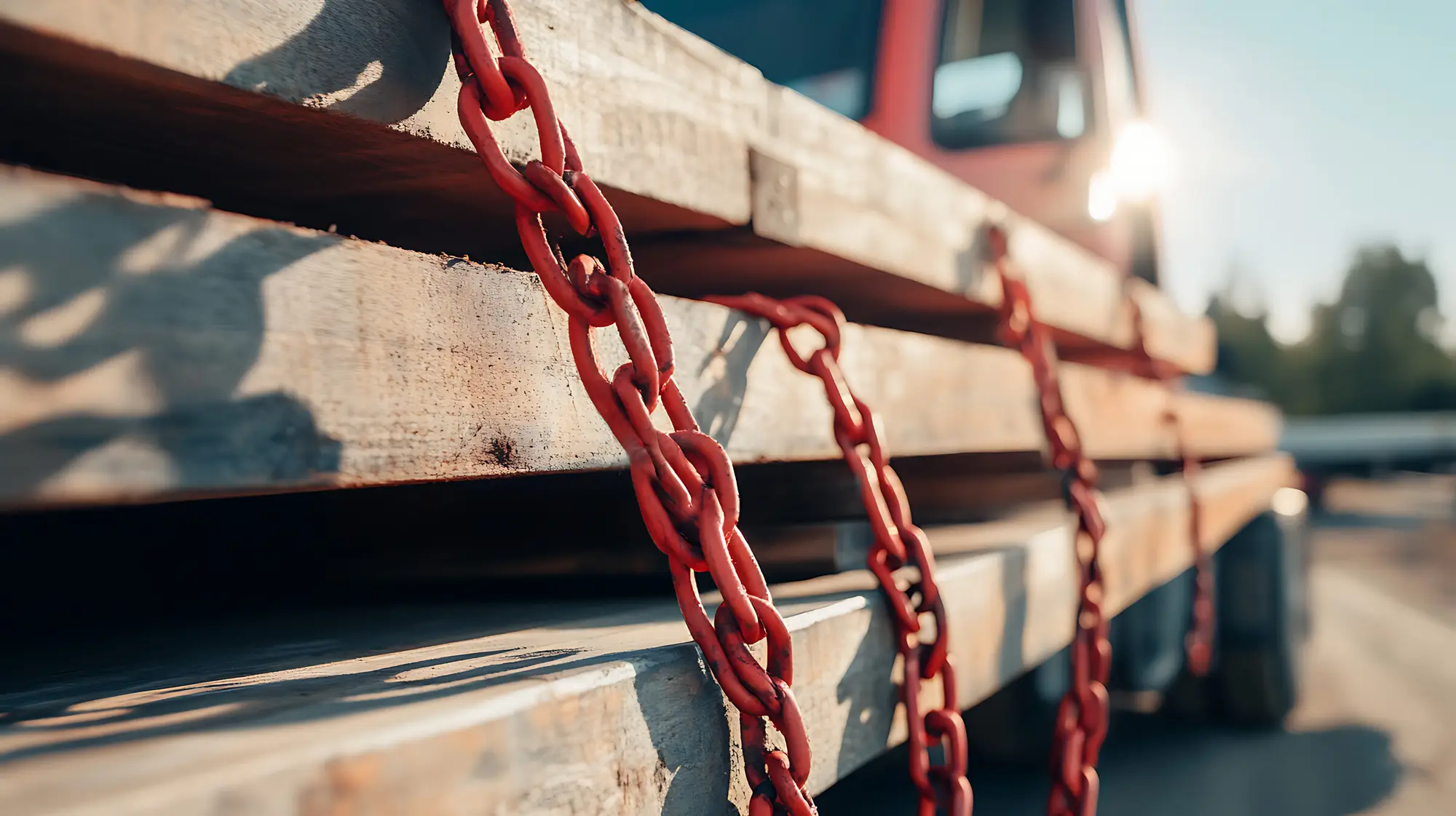 Rote Zurrketten sichern eine Holzladung auf dem Lkw